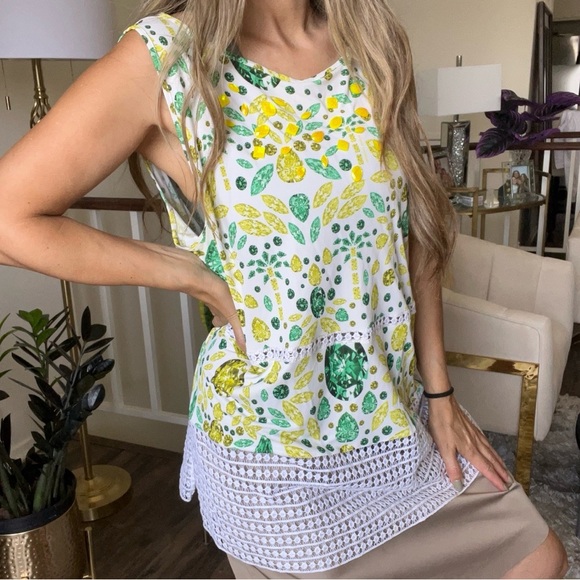 Giorgio Grati Vtg White Green Leaves Pattern Bedazzled Sleeveless Viscose Top XL - Picture 1 of 14